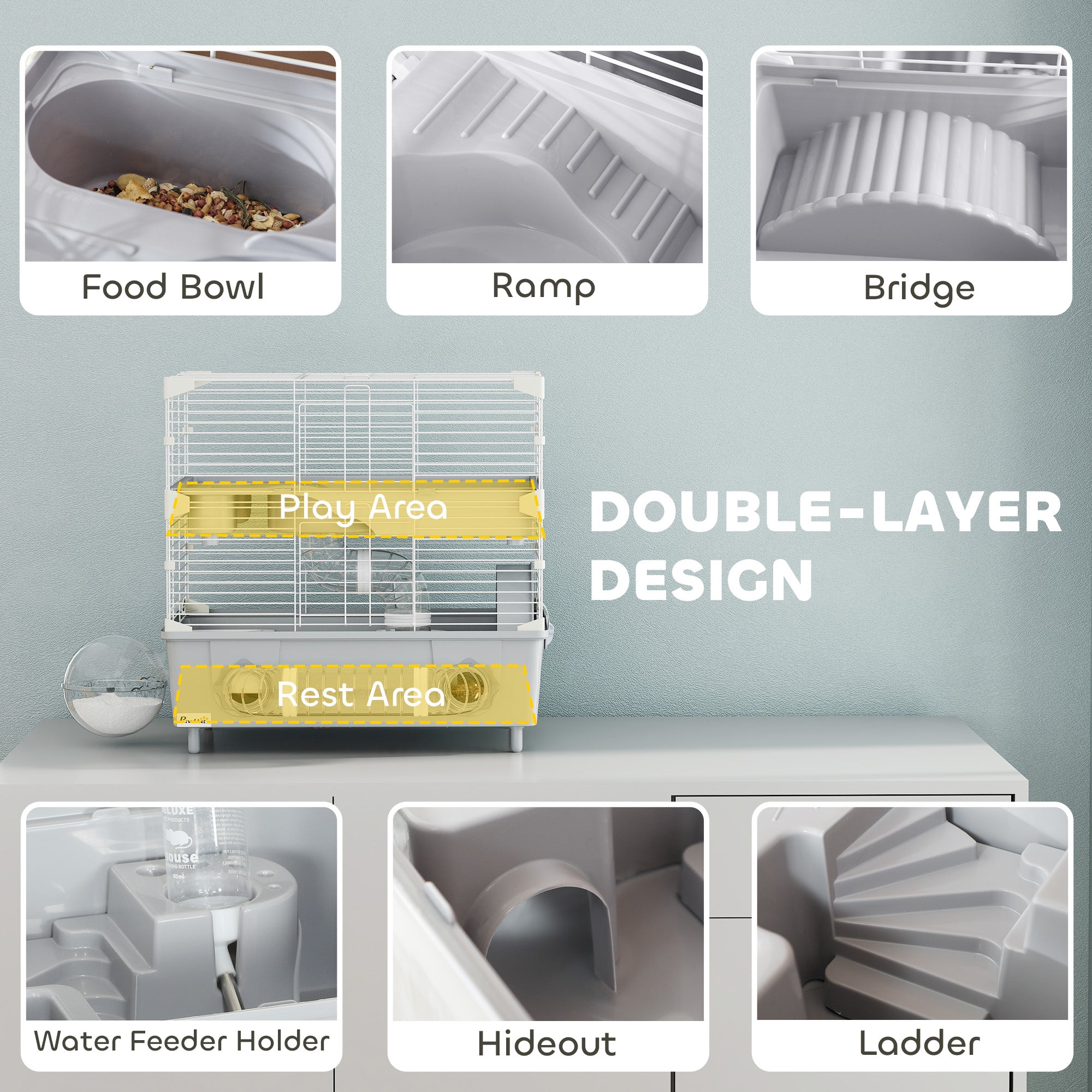 2-Tier Hamster Cage with Sand Bathroom, Running Wheel, Water Bottle, Tubes, Accessories, for Dwarf Hamster, Gray