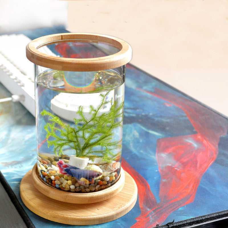 Bamboo Base Mini Fish Tank Decoration Fish Bowl