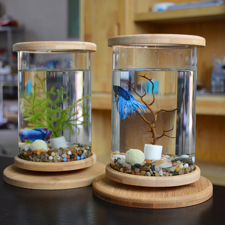 Bamboo Base Mini Fish Tank Decoration Fish Bowl