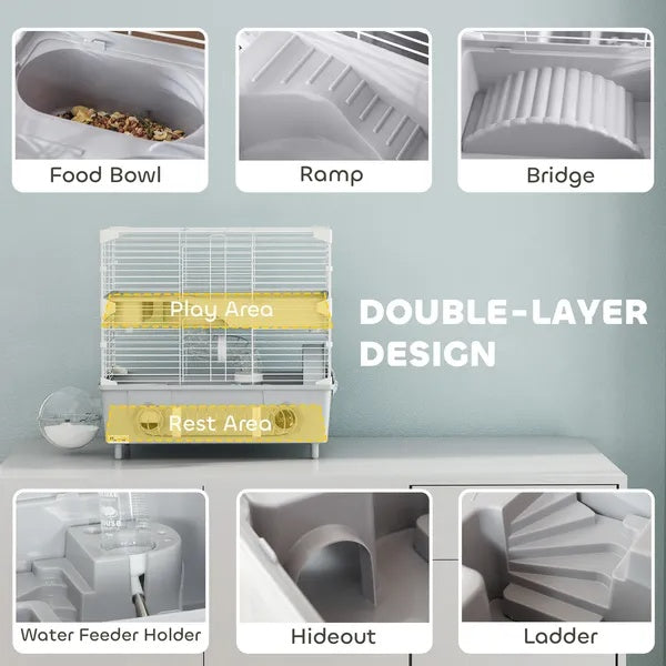 2-Tier Hamster Cage With Sand Bathroom, Running Wheel, Water Bottle