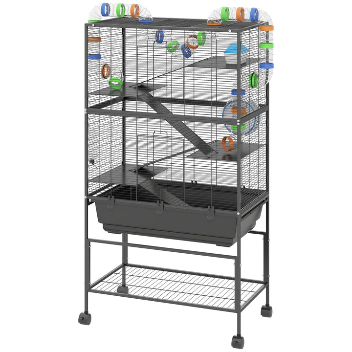 5 Tier Hamster Cage, Rolling Rat Cage With Deep Tray, Storage Shelf, Big Exercise Wheel, Hut, Tube System