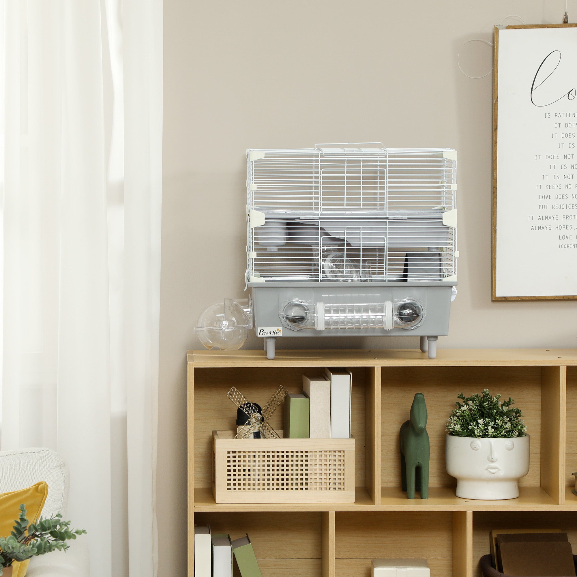 2-Tier Hamster Cage with Sand Bathroom, Running Wheel, Water Bottle, Tubes, Accessories, for Dwarf Hamster, Gray