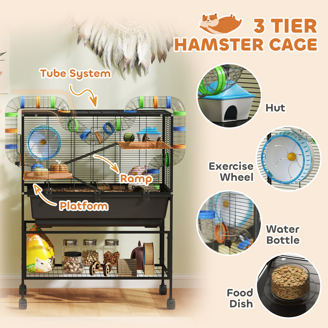 3 Tier Hamster Cage, Rolling Rat Cage With Deep Tray, Storage Shelf, Big Exercise Wheel, Hut, Tube System