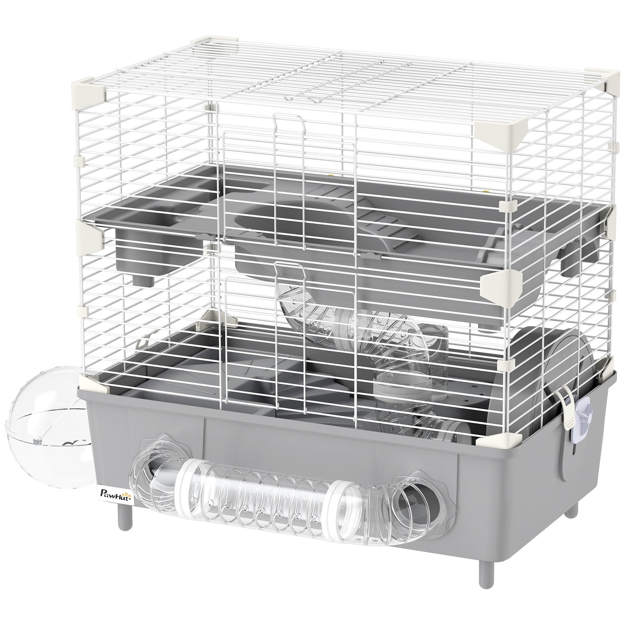 2-Tier Hamster Cage with Sand Bathroom, Running Wheel, Water Bottle, Tubes, Accessories, for Dwarf Hamster, Gray