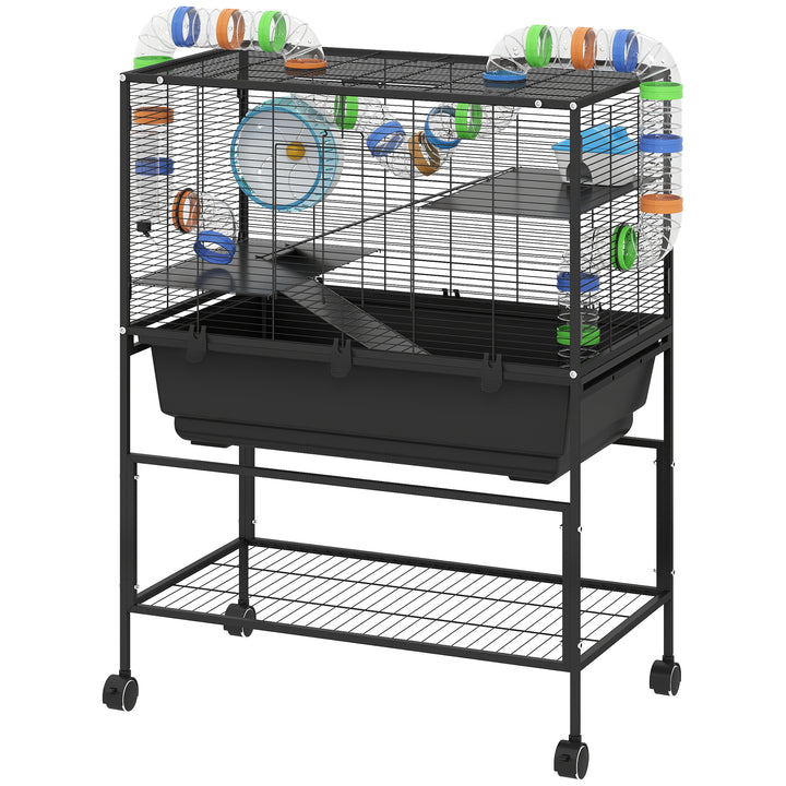 3 Tier Hamster Cage, Rolling Rat Cage With Deep Tray, Storage Shelf, Big Exercise Wheel, Hut, Tube System